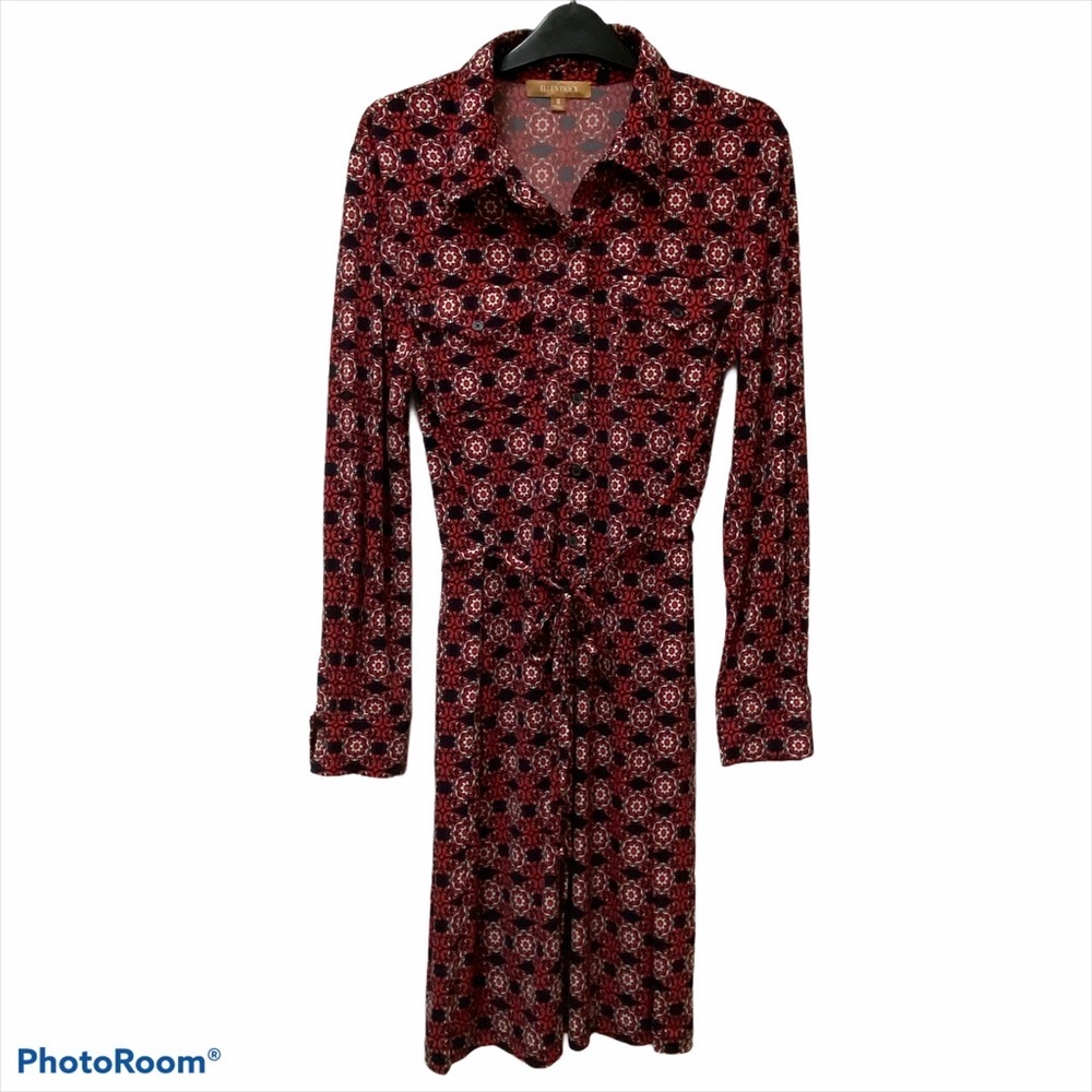 Ellen Tracy Long Sleeve Tie Belt Shirt Dress